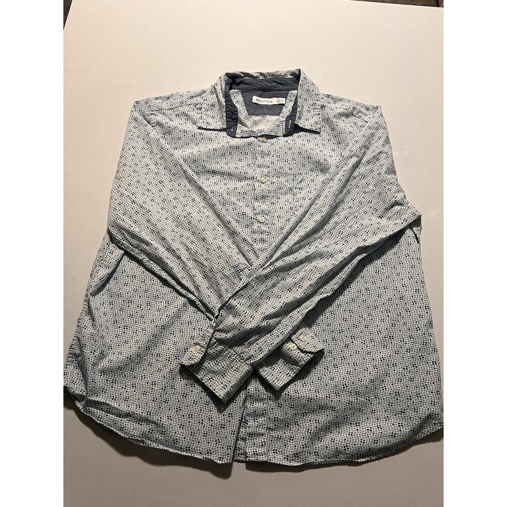 Nautica Blue Patterned Button Dress Shirt Size XL Long Sleeve